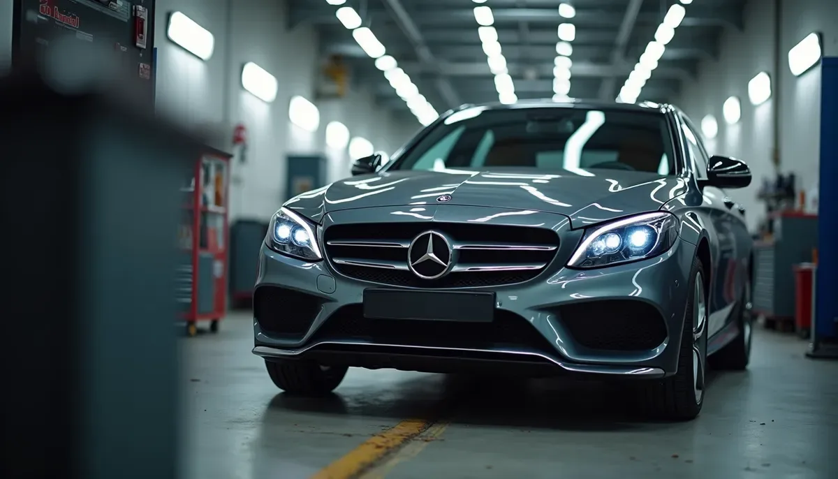 Vue de face d'un v&eacute;hicule en atelier de r&eacute;paration de pare-brise