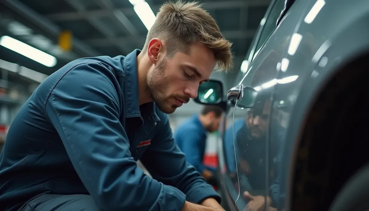 Vue en plong&eacute;e d'un technicien effectuant un d&eacute;calaminage moteur dans un garage