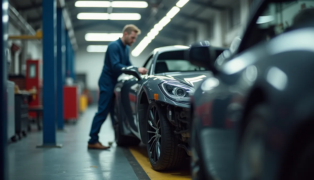 Vue rapprochée d'une voiture en atelier de carrosserie avec un technicien évaluant les dégâts