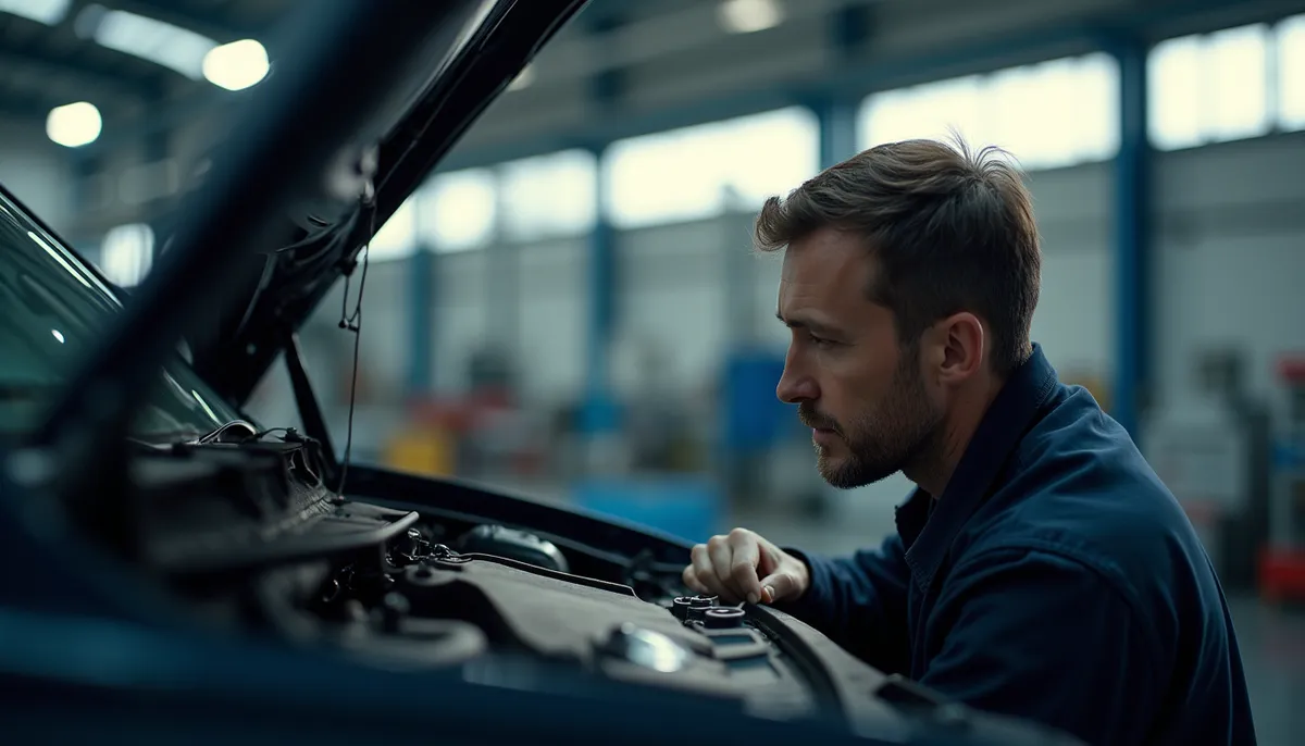 Vue en plongée d'un technicien inspectant une carrosserie de voiture avec un enfoncement visible