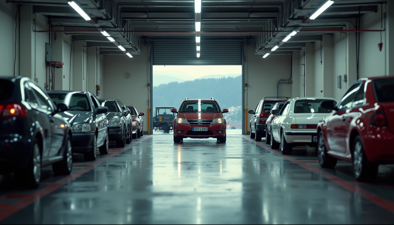 Vue en plong&eacute;e d'un garage de lavage auto avec plusieurs v&eacute;hicules en attente &agrave; Strasbourg